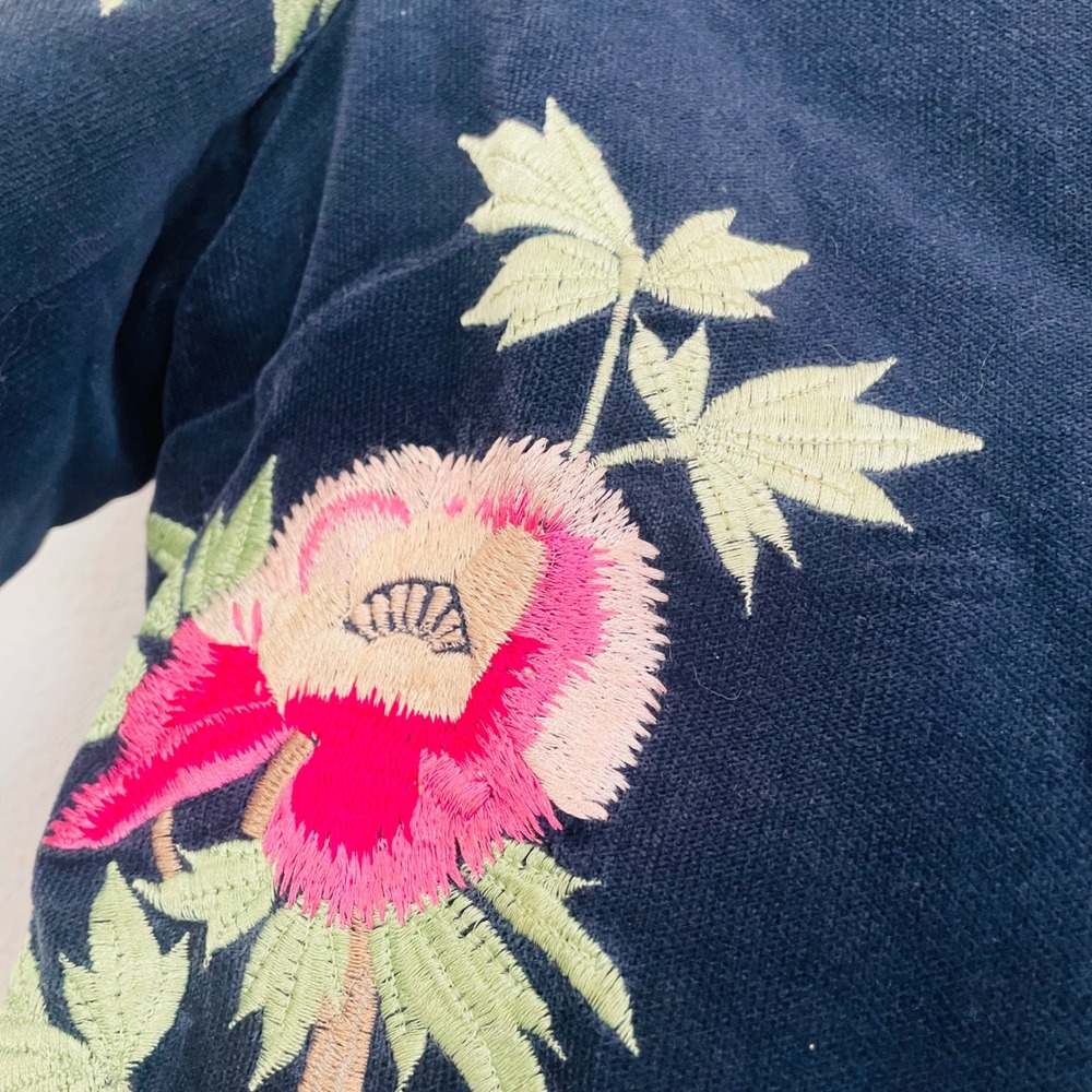 FEI Anthropologie Navy Velvet Embroidered Floral Jacket Mandarin Collar Womens 2 - Picture 5 of 14